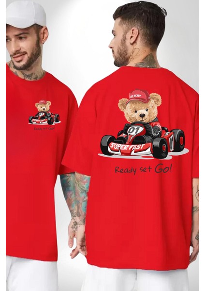 Süper Hızlı Go Kart Oyuncak Ayı Kadın Erkek Ön Minimal Sırt Baskılı Kırmızı Pamuklu Tişört