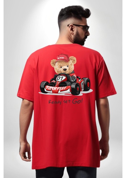 Süper Hızlı Go Kart Oyuncak Ayı Kadın Erkek Ön Minimal Sırt Baskılı Kırmızı Pamuklu Tişört fiyatları