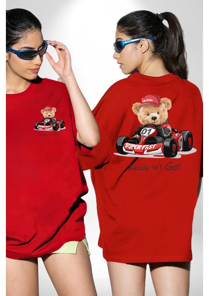 Süper Hızlı Go Kart Oyuncak Ayı Kadın Erkek Ön Minimal Sırt Baskılı Kırmızı Pamuklu Tişört fırsatları