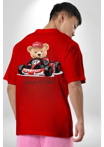 Süper Hızlı Go Kart Oyuncak Ayı Kadın Erkek Ön Minimal Sırt Baskılı Kırmızı Pamuklu Tişört indirimleri