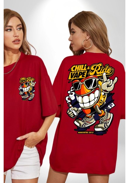 Sakin Ol Vape ve Sür Kadın Erkek Ön Minimal Sırt Baskılı Kırmızı Pamuklu Tişört