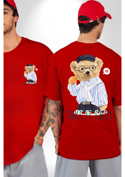 Boşver Oyuncak Tatlı Ayı Kadın Erkek Ön Minimal Sırt Baskılı Kırmızı Pamuklu Tişört