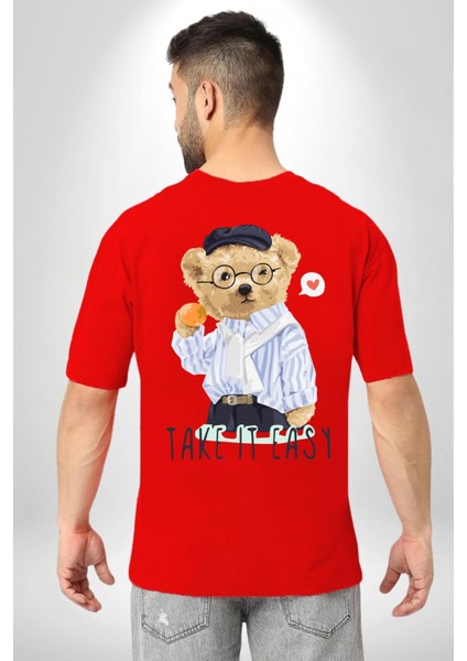 Boşver Oyuncak Tatlı Ayı Kadın Erkek Ön Minimal Sırt Baskılı Kırmızı Pamuklu Tişört fiyatları