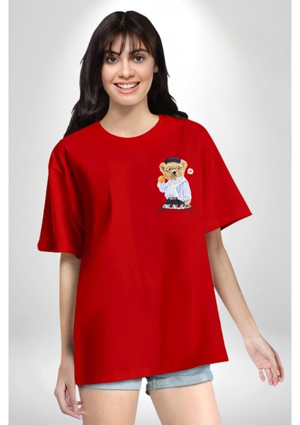 Boşver Oyuncak Tatlı Ayı Kadın Erkek Ön Minimal Sırt Baskılı Kırmızı Pamuklu Tişört modelleri