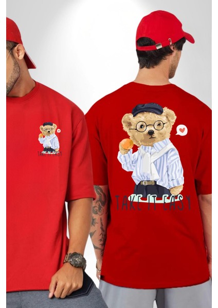 Boşver Oyuncak Tatlı Ayı Kadın Erkek Ön Minimal Sırt Baskılı Kırmızı Pamuklu Tişört fırsatları