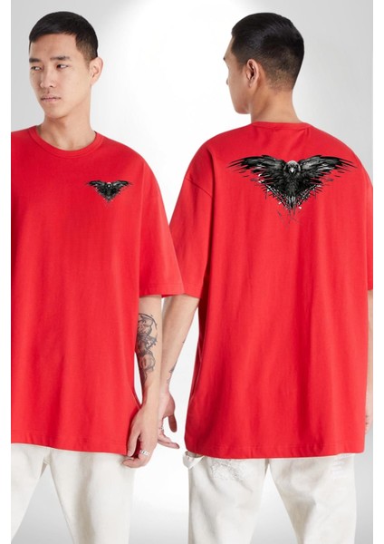 Karga Üç Gözlü Havalı Gotik Kadın Erkek Ön Minimal Sırt Baskılı Kırmızı Pamuklu Tişört