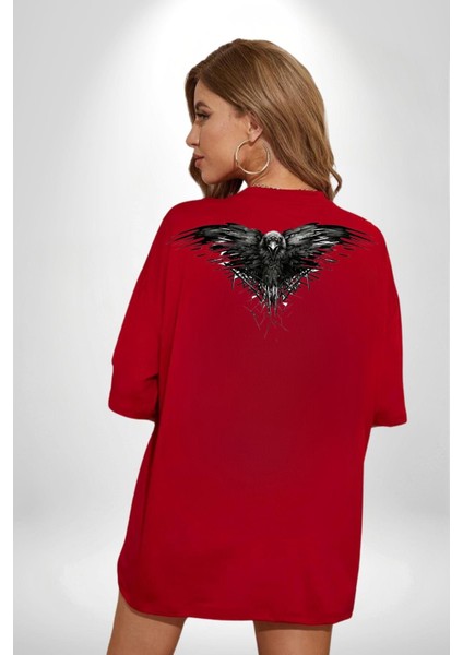 Karga Üç Gözlü Havalı Gotik Kadın Erkek Ön Minimal Sırt Baskılı Kırmızı Pamuklu Tişört fırsatları