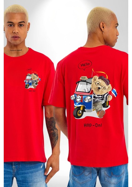 Taksici Oyuncak Ayı Fransız Kadın Erkek Ön Minimal Sırt Baskılı Kırmızı Pamuklu Tişört