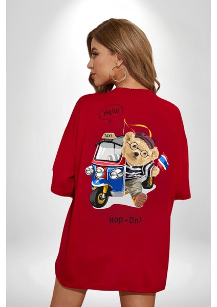 Taksici Oyuncak Ayı Fransız Kadın Erkek Ön Minimal Sırt Baskılı Kırmızı Pamuklu Tişört fiyatları