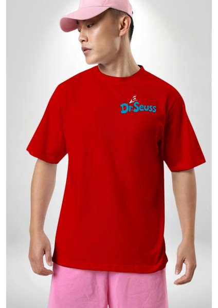 Dr.seuss Komik Şapka Logo Kadın Erkek Ön Minimal Sırt Baskılı Kırmızı Pamuklu Tişört modelleri