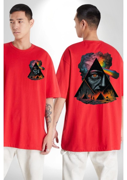 Gökkuşağı Mısır Piramitleri Mistik Kadın Erkek Ön Minimal Sırt Baskılı Kırmızı Pamuklu Tişört