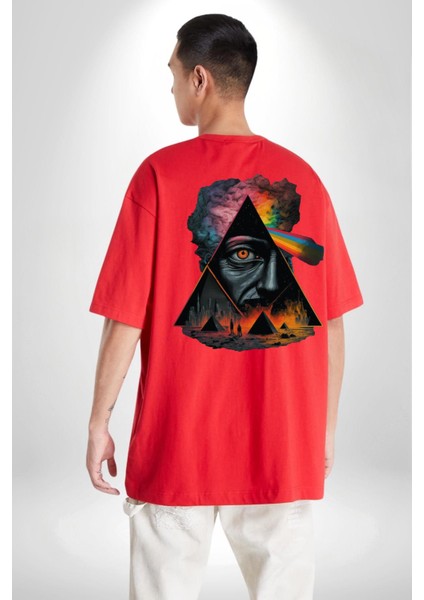 Gökkuşağı Mısır Piramitleri Mistik Kadın Erkek Ön Minimal Sırt Baskılı Kırmızı Pamuklu Tişört fiyatları