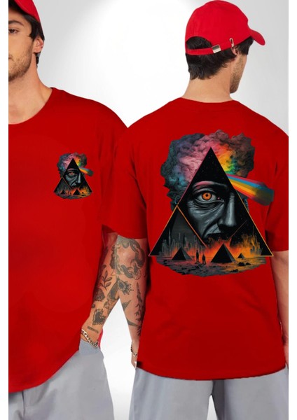 Gökkuşağı Mısır Piramitleri Mistik Kadın Erkek Ön Minimal Sırt Baskılı Kırmızı Pamuklu Tişört fırsatları
