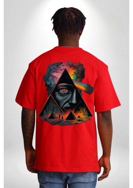 Gökkuşağı Mısır Piramitleri Mistik Kadın Erkek Ön Minimal Sırt Baskılı Kırmızı Pamuklu Tişört indirimleri