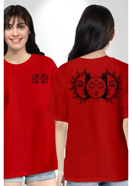 Güneşten Doğan Ay Astral Kadın Erkek Ön Minimal Sırt Baskılı Kırmızı Pamuklu Tişört