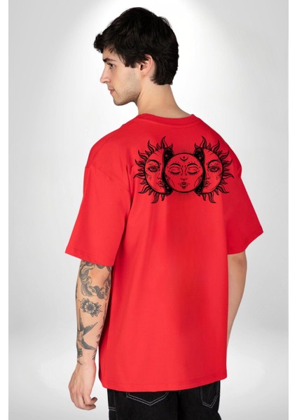 Güneşten Doğan Ay Astral Kadın Erkek Ön Minimal Sırt Baskılı Kırmızı Pamuklu Tişört fiyatları
