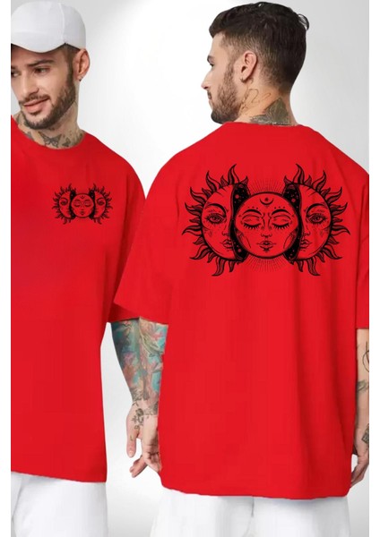 Güneşten Doğan Ay Astral Kadın Erkek Ön Minimal Sırt Baskılı Kırmızı Pamuklu Tişört fırsatları