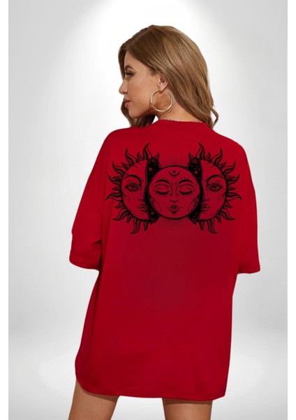 Güneşten Doğan Ay Astral Kadın Erkek Ön Minimal Sırt Baskılı Kırmızı Pamuklu Tişört indirimleri