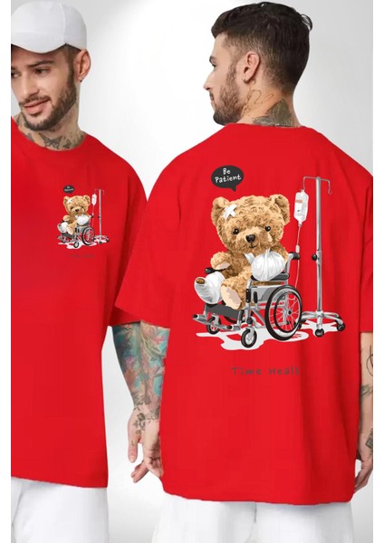 Zaman Oyuncak Ayı Kadın Erkek Ön Minimal Sırt Baskılı Kırmızı Pamuklu Tişört