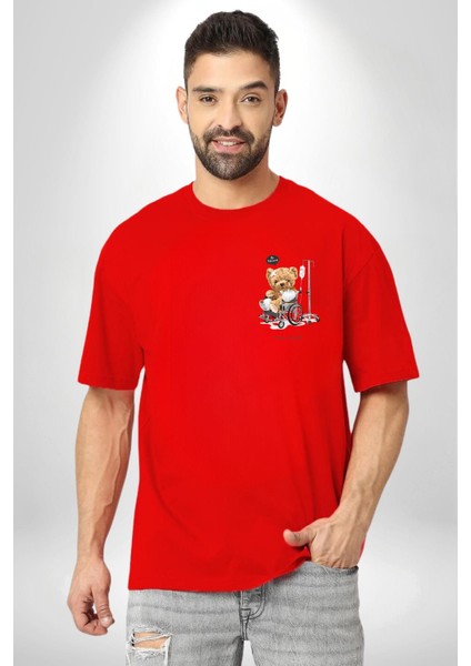 Zaman Oyuncak Ayı Kadın Erkek Ön Minimal Sırt Baskılı Kırmızı Pamuklu Tişört fiyatları