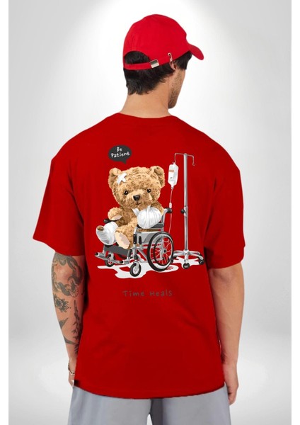 Zaman Oyuncak Ayı Kadın Erkek Ön Minimal Sırt Baskılı Kırmızı Pamuklu Tişört modelleri