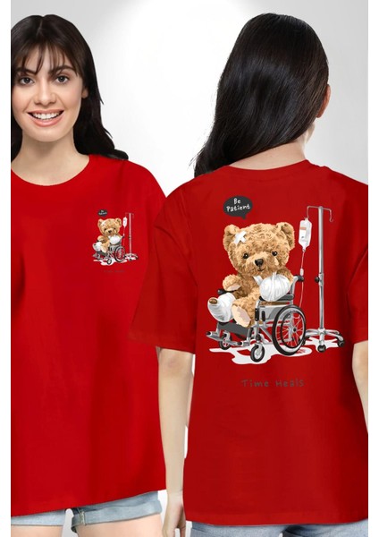 Zaman Oyuncak Ayı Kadın Erkek Ön Minimal Sırt Baskılı Kırmızı Pamuklu Tişört fırsatları