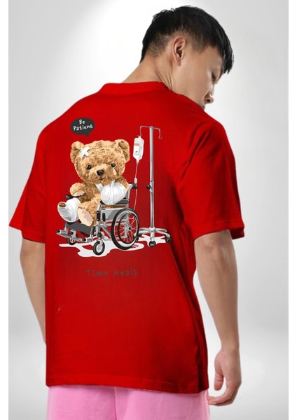 Zaman Oyuncak Ayı Kadın Erkek Ön Minimal Sırt Baskılı Kırmızı Pamuklu Tişört indirimleri