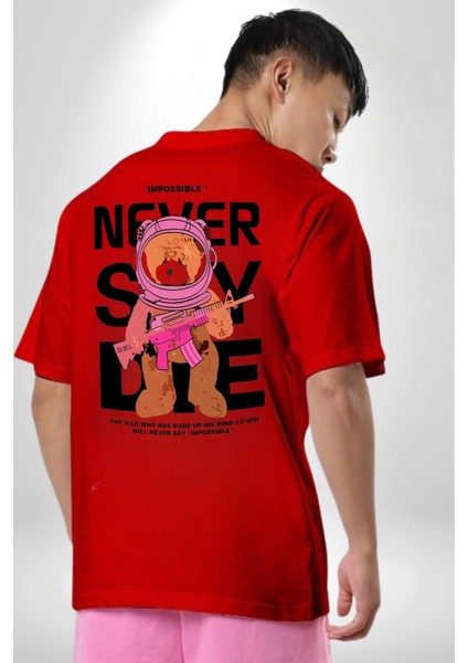 Asla Yalana Söyleme Havalı Ayıcık Kadın Erkek Ön Minimal Sırt Baskılı Kırmızı Pamuklu Tişört fiyatları