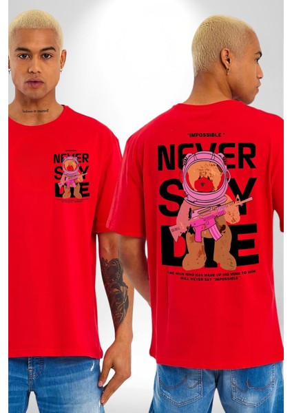 Asla Yalana Söyleme Havalı Ayıcık Kadın Erkek Ön Minimal Sırt Baskılı Kırmızı Pamuklu Tişört fırsatları