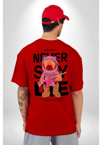 Asla Yalana Söyleme Havalı Ayıcık Kadın Erkek Ön Minimal Sırt Baskılı Kırmızı Pamuklu Tişört indirimleri