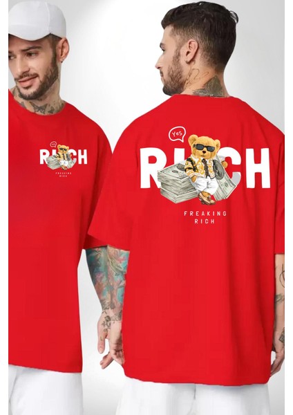 Acayip Zengin Tatlı Oyuncak Ayı Kadın Erkek Ön Minimal Sırt Baskılı Kırmızı Pamuklu Tişört