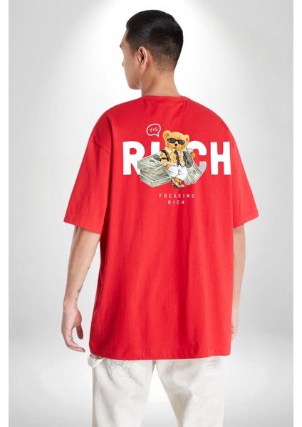 Acayip Zengin Tatlı Oyuncak Ayı Kadın Erkek Ön Minimal Sırt Baskılı Kırmızı Pamuklu Tişört fiyatları