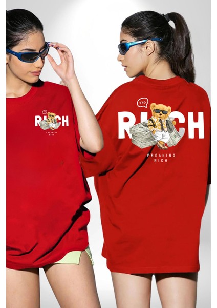 Acayip Zengin Tatlı Oyuncak Ayı Kadın Erkek Ön Minimal Sırt Baskılı Kırmızı Pamuklu Tişört fırsatları