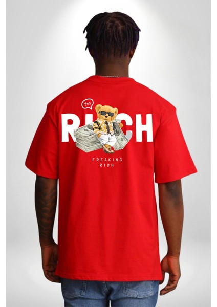 Acayip Zengin Tatlı Oyuncak Ayı Kadın Erkek Ön Minimal Sırt Baskılı Kırmızı Pamuklu Tişört indirimleri