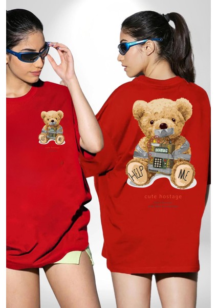 Tatlı Rehine Oyuncak Ayı Kadın Erkek Ön Minimal Sırt Baskılı Kırmızı Pamuklu Tişört