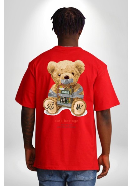 Tatlı Rehine Oyuncak Ayı Kadın Erkek Ön Minimal Sırt Baskılı Kırmızı Pamuklu Tişört fiyatları