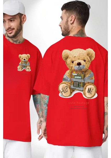 Tatlı Rehine Oyuncak Ayı Kadın Erkek Ön Minimal Sırt Baskılı Kırmızı Pamuklu Tişört fırsatları