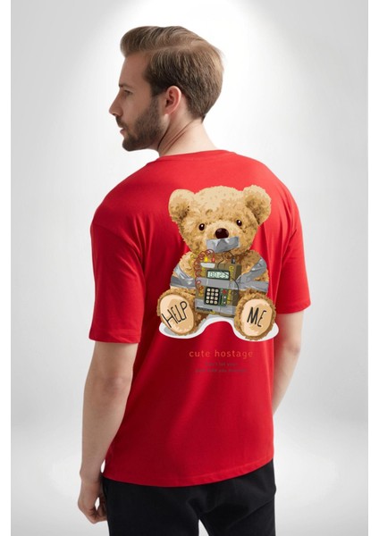 Tatlı Rehine Oyuncak Ayı Kadın Erkek Ön Minimal Sırt Baskılı Kırmızı Pamuklu Tişört indirimleri