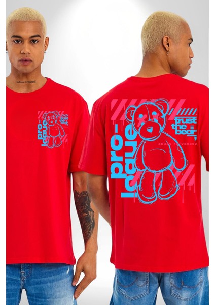 Ayıya Güven Havalı Oyuncak Ayı Kadın Erkek Ön Minimal Sırt Baskılı Kırmızı Pamuklu Tişört