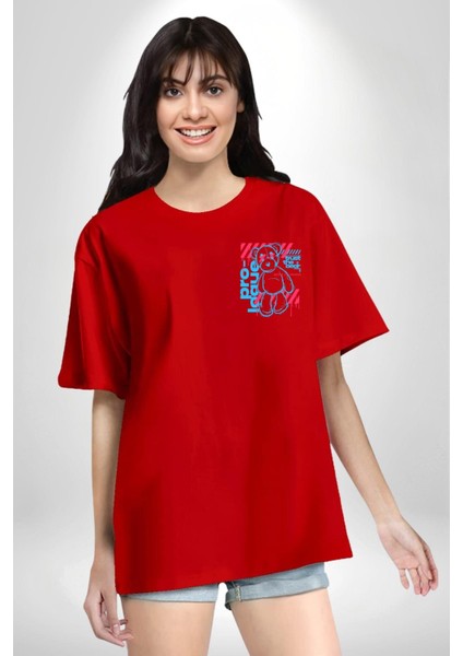 Ayıya Güven Havalı Oyuncak Ayı Kadın Erkek Ön Minimal Sırt Baskılı Kırmızı Pamuklu Tişört modelleri