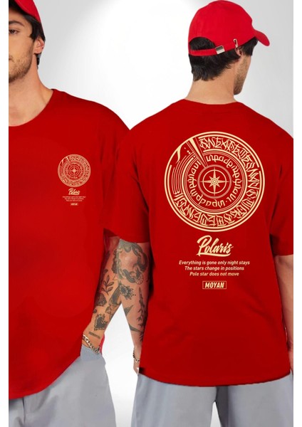 Altın Küre Pusula Çapa Kadın Erkek Ön Minimal Sırt Baskılı Kırmızı Pamuklu Tişört fırsatları