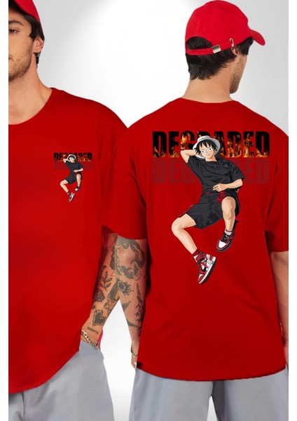 Monkey D Luffy Sokak Tarzı Kadın Erkek Ön Minimal Sırt Baskılı Kırmızı Pamuklu Tişört