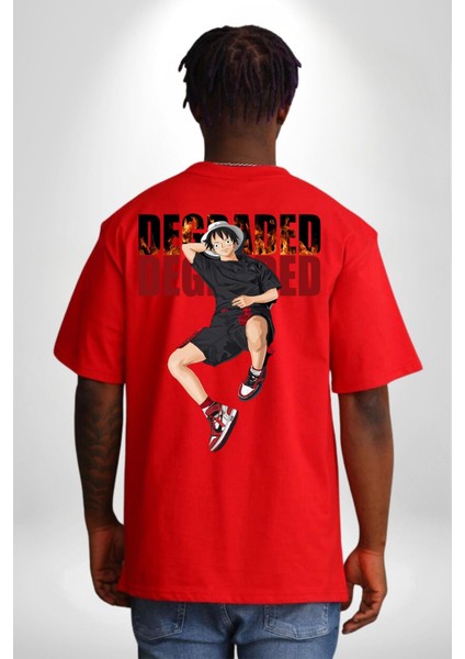 Monkey D Luffy Sokak Tarzı Kadın Erkek Ön Minimal Sırt Baskılı Kırmızı Pamuklu Tişört fiyatları