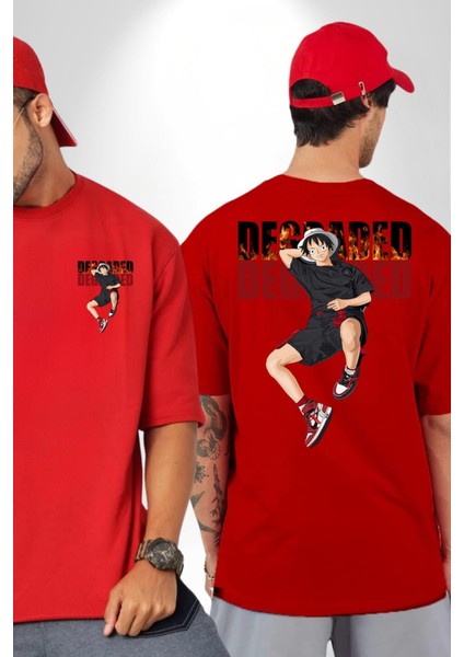 Monkey D Luffy Sokak Tarzı Kadın Erkek Ön Minimal Sırt Baskılı Kırmızı Pamuklu Tişört fırsatları