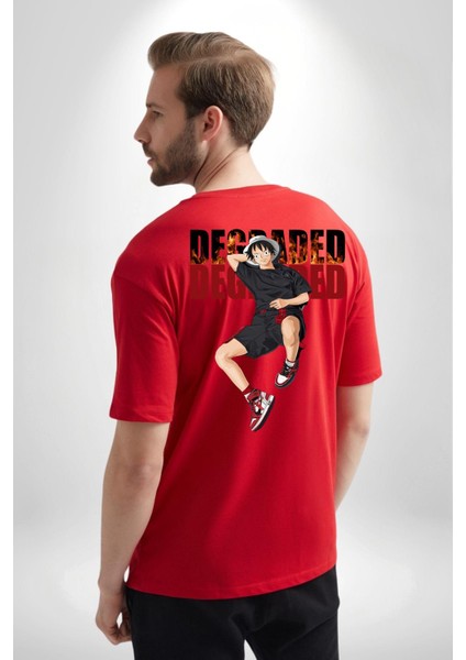 Monkey D Luffy Sokak Tarzı Kadın Erkek Ön Minimal Sırt Baskılı Kırmızı Pamuklu Tişört indirimleri