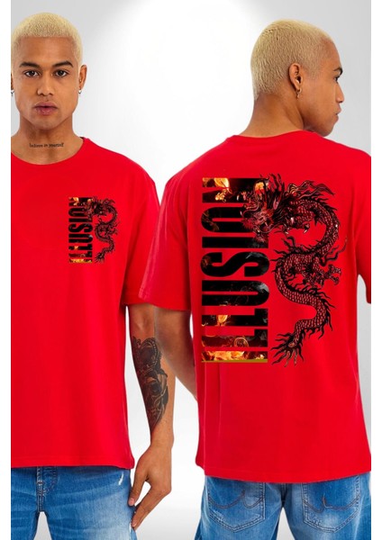 Ejderha Ilüzyon Yazısı Kadın Erkek Ön Minimal Sırt Baskılı Kırmızı Pamuklu Tişört