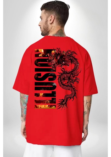 Ejderha Ilüzyon Yazısı Kadın Erkek Ön Minimal Sırt Baskılı Kırmızı Pamuklu Tişört fiyatları