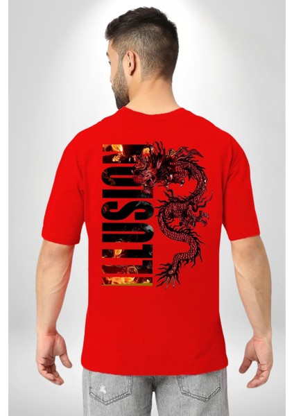 Ejderha Ilüzyon Yazısı Kadın Erkek Ön Minimal Sırt Baskılı Kırmızı Pamuklu Tişört indirimleri
