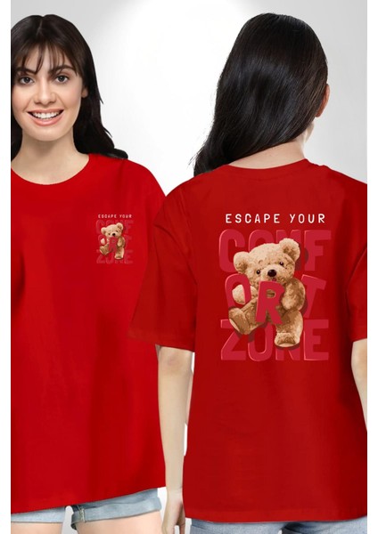 Konfor Bölgenizden Kaçın Oyuncak Ayı Kadın Erkek Ön Minimal Sırt Baskılı Kırmızı Pamuklu Tişört