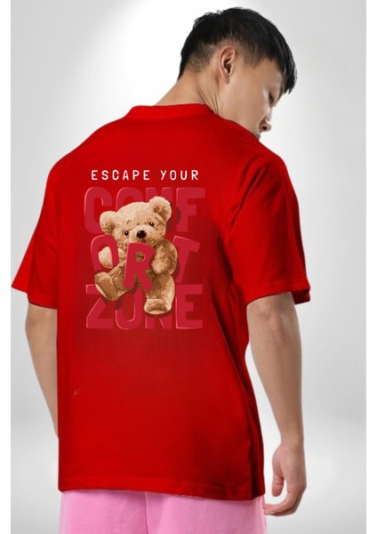 Konfor Bölgenizden Kaçın Oyuncak Ayı Kadın Erkek Ön Minimal Sırt Baskılı Kırmızı Pamuklu Tişört fiyatları